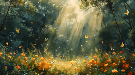 Whimsical Woods: Watercolor Scene of Enchanted Forest with Ethereal Butterflies and Shimmering Flora - obrazy, fototapety, plakaty