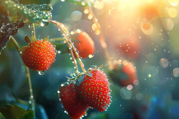 /imagine: Morning dew glistening on plump strawberries in the early light. - obrazy, fototapety, plakaty
