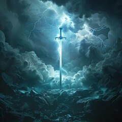 Mysterious 3D scene with a sword under a stormy sky, lightning providing a burst of light in the darkness -ar 4:3 -v 6