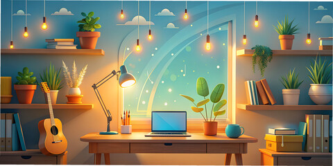 Art, graphics, table, music, room, work desk, work corner, headphones, lamp, coziness, comfort.