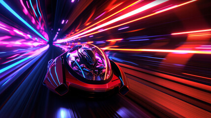 A 3D animated scene depicting a futuristic transport pod, carrying an alien, speeding through a tunnel - obrazy, fototapety, plakaty