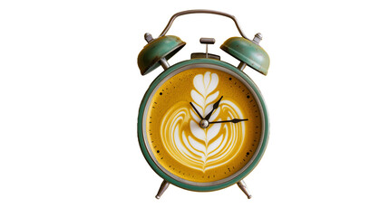 
alarm clock with coffee latte art instead of dial isolated on transparent background