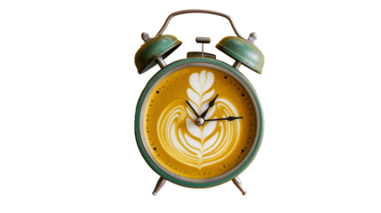 
alarm clock with coffee latte art instead of dial isolated on transparent background