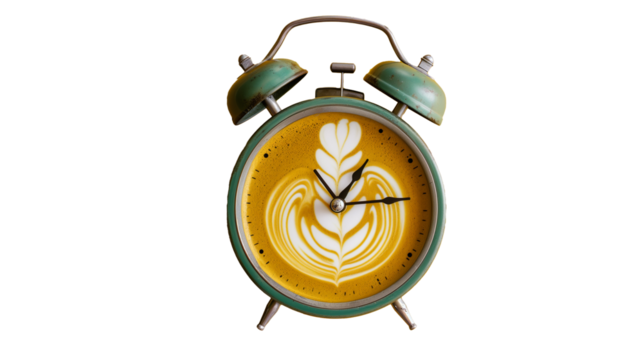 
alarm clock with coffee latte art instead of dial isolated on transparent background