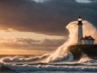 Huge wave hitting shore  rocks during sunset with lighthouse