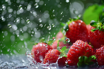 /imagine: Raindrops cascading off ripe strawberries, creating tiny ripples.