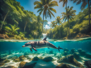 Dophin under water with beach and palm trees