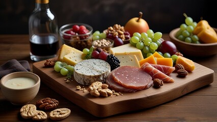 Fototapeta na wymiar An exquisitely crafted charcuterie board overflowing with an array of hand-selected artisanal cheeses, perfectly aged cured meats, succulent fresh fruits, and crunchy nuts. 