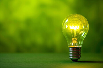 Glowing light bulb on green background. The concept of emerging idea. With copy space