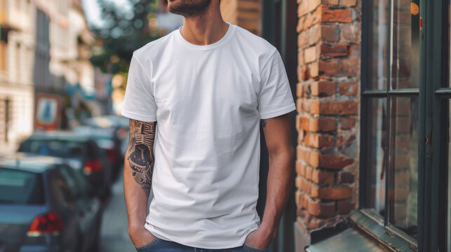 A collection of mockup images featuring white t-shirts for men, perfect for showcasing designs or products in a professional and stylish manner.