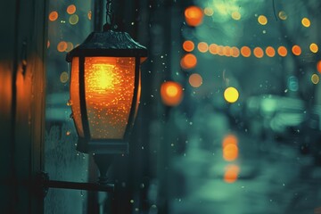 Sparse orange-yellow-green bokeh on a black background in a mysterious antique store.