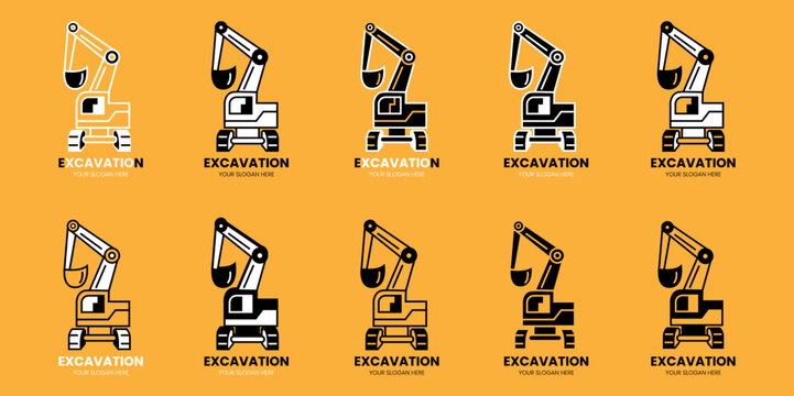 Simple excavator icon design. Collection of different linear excavation logos. Vector illustration