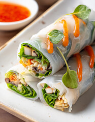 Cheung Fun Chinese dims roll vegetable Thai sweet chilli sauce healthy food photograph
