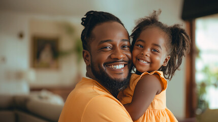 enjoy happy love black family african american father carrying daughter little african girl child smiling in the white living room at home. Happy black African American father day concept.