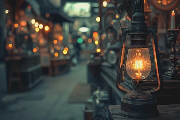 Sparse orange-yellow-green bokeh on a black background in a mysterious antique store.