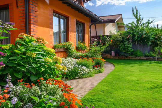 Back and front yard cottage garden, flowering plant and green grass lawn, brown pavement and orange brick wall.