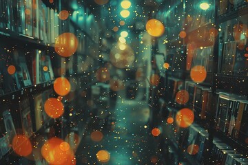 Sparse orange-yellow-green bokeh on a black background in a mysterious antique store.