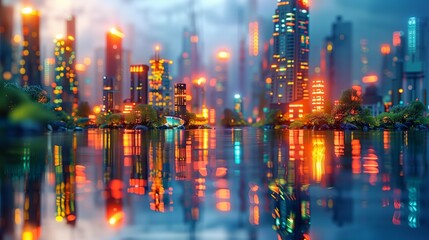 Futuristic Twilight Cityscape with Neon Lights, generative ai
