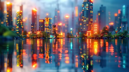 Fototapeta premium Futuristic Twilight Cityscape with Neon Lights, generative ai