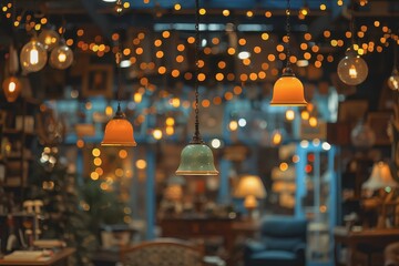 Sparse orange-yellow-green bokeh on a black background in a mysterious antique store.