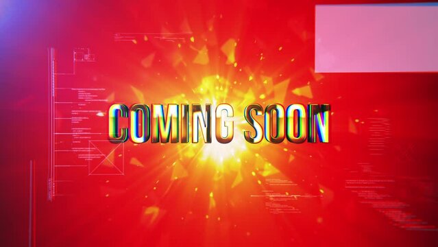 Coming Soon golden text light motion effect with gold red particles motion cinematic title trailer animation abstract background. 