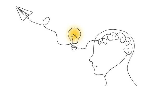 Success Idea Concept with Human Brain, light bulb and flying paper airplane drawing line animation in white background. Creative Mind, Innovation, Creativity and brainstorm 