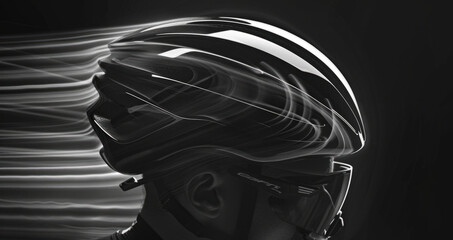 Visualization of aerodynamic efficiency in a racing bicycle helmet through airflow patterns, emphasizing speed and performance.