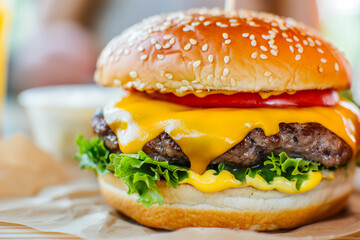 big tasty hamburger or burger with grilled beef and salad, unhealthy fat fast food