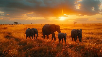 Majestic Bonds: Elephants in the Warm Glow of Dusk, generative ai