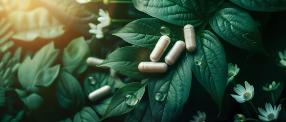 Nutritional supplement background. Capsules or pills on the green leaf. Top view. Mockup for heals supporting, vitamins. Herbal organic medicine treatment. Generative ai - obrazy, fototapety, plakaty