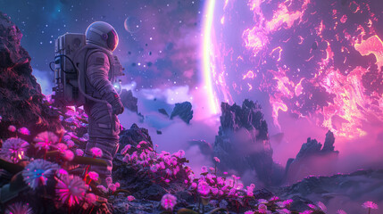 Astronauts discover a vibrant space planet with bioluminescent plants and mysterious ruins, sparking curiosity and exploration.
