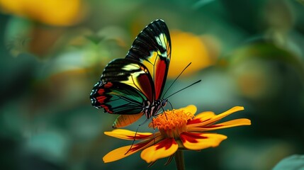 Emulate the techniques of professional wildlife photography in a real photo featuring a vibrant multi-colored butterfly on a yellow flower