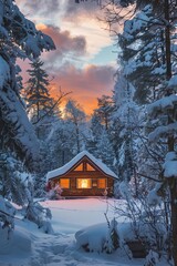 Cabin in Snowy Forest