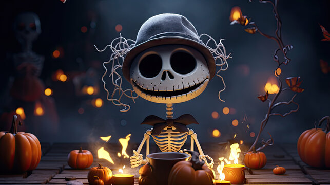 Cute smiling cartoon skeleton on a dark background with pumpkins and candles on Halloween day