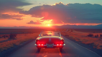 Fototapeta premium Classic Car Cruising into the Sunset, generative ai