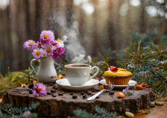 Cup of coffee in the forest with bunch of flowers around