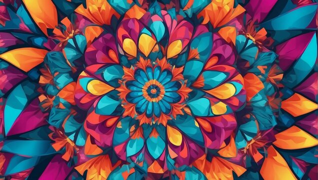 Bursting with energy, this abstract panoramic background showcases a kaleidoscope of vibrant shades and tones in an intricate pattern of angular curves.