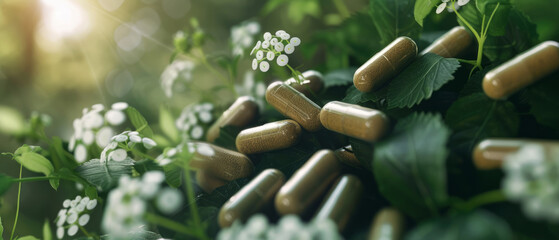 Nutritional supplement background. Capsules or pills on the green leaf. Mockup for heals supporting, vitamins. Herbal organic medicine treatment. Generative ai