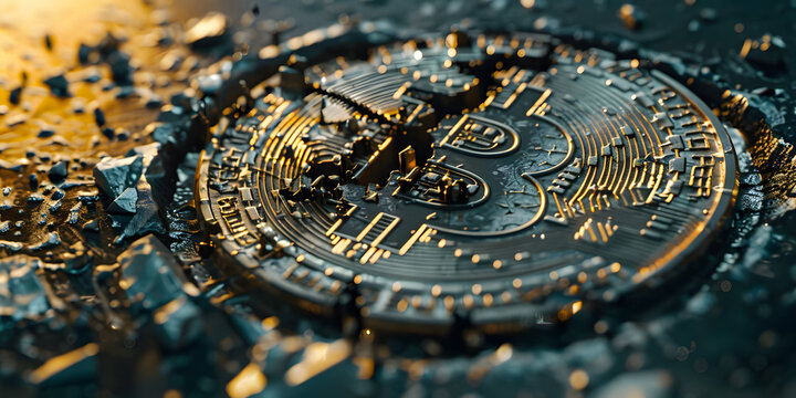 Close-up shot on broken or cracked Bitcoin coins laying on black background. Bitcoin crash concept
