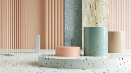 Minimal mockup studio background for product presentation. sets of pastel color Terrazzo marble texture. Clipping path of each element included. 3d rendering illustration. 