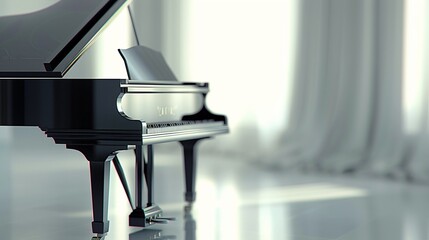 A classic grand piano, with its elegant black and white keys, sits gracefully on a pristine white surface, awaiting the touch of a skilled pianist. - obrazy, fototapety, plakaty