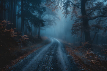 Mysterious dark forest. dark and moody forest road covered in mist. Halloween night background.