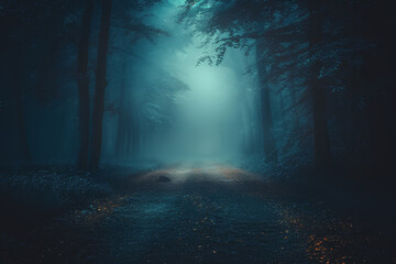 Fototapeta premium Mysterious dark forest. dark and moody forest road covered in mist. Halloween night background.