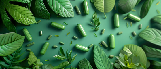 Nutritional supplement background. Capsules or pills on the green leaf. Top view. Mockup for heals supporting, vitamins. Herbal organic medicine treatment. Generative ai