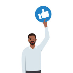 Young man give review rating and feedback. Holding in hands like rating Icons. Flat vector illustration isolated on white background