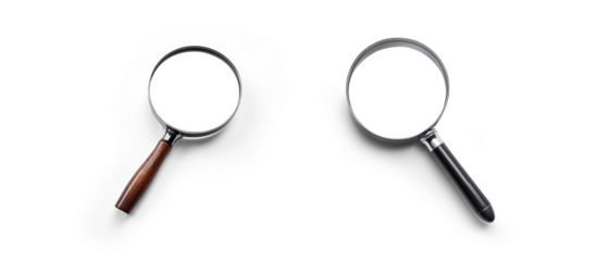set of detective and science Magnifying glass for research searching and discovery analyses, finding facts concepts isolated cutout on transparent png background with shadows