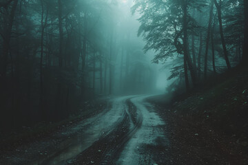 Fototapeta premium Mysterious dark forest. dark and moody forest road covered in mist. Halloween night background.
