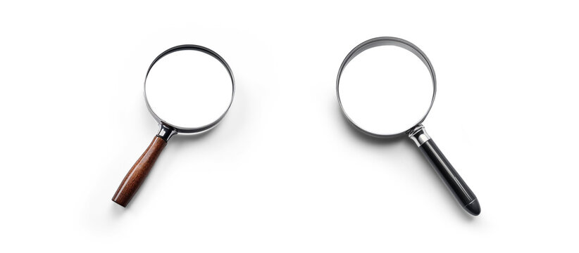 set of detective and science Magnifying glass for research searching and discovery analyses, finding facts concepts isolated cutout on transparent png background with shadows