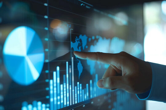 Businessman works with interactive digital whiteboard that displays graphs and pie charts. Concept of information analysis for business development
