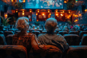 Fototapeta na wymiar An elderly couple sits intimately, surrounded by the ornate beauty of a lavishly decorated theater, engrossed in the show